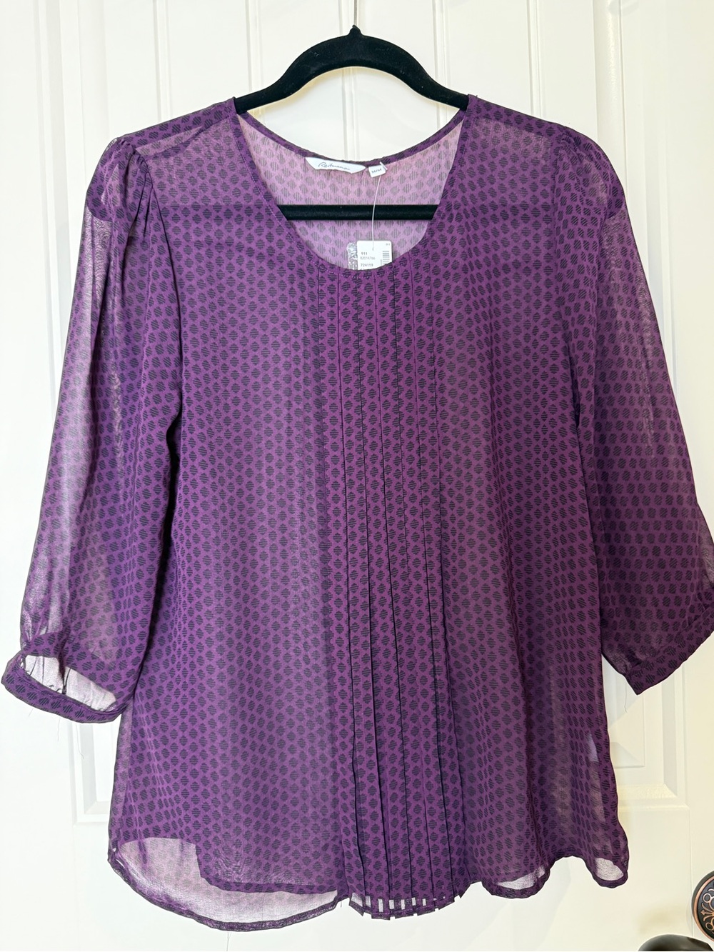 Reitmans Women's Blouse Size M Purple Black Sheer Pleated 3/4 Sleeve NWT